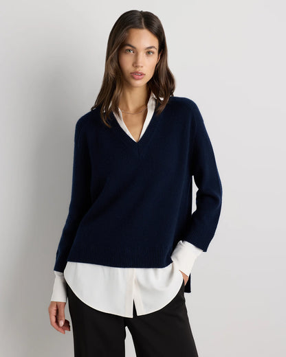 100% Mongolian Cashmere Layered V-Neck Sweater - XS / Ivory