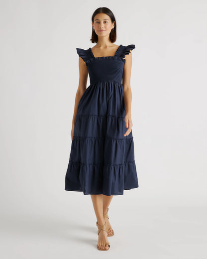 100% Organic Cotton Poplin Smocked Midi Dress - XS / Riviera Blue Heirloom Floral