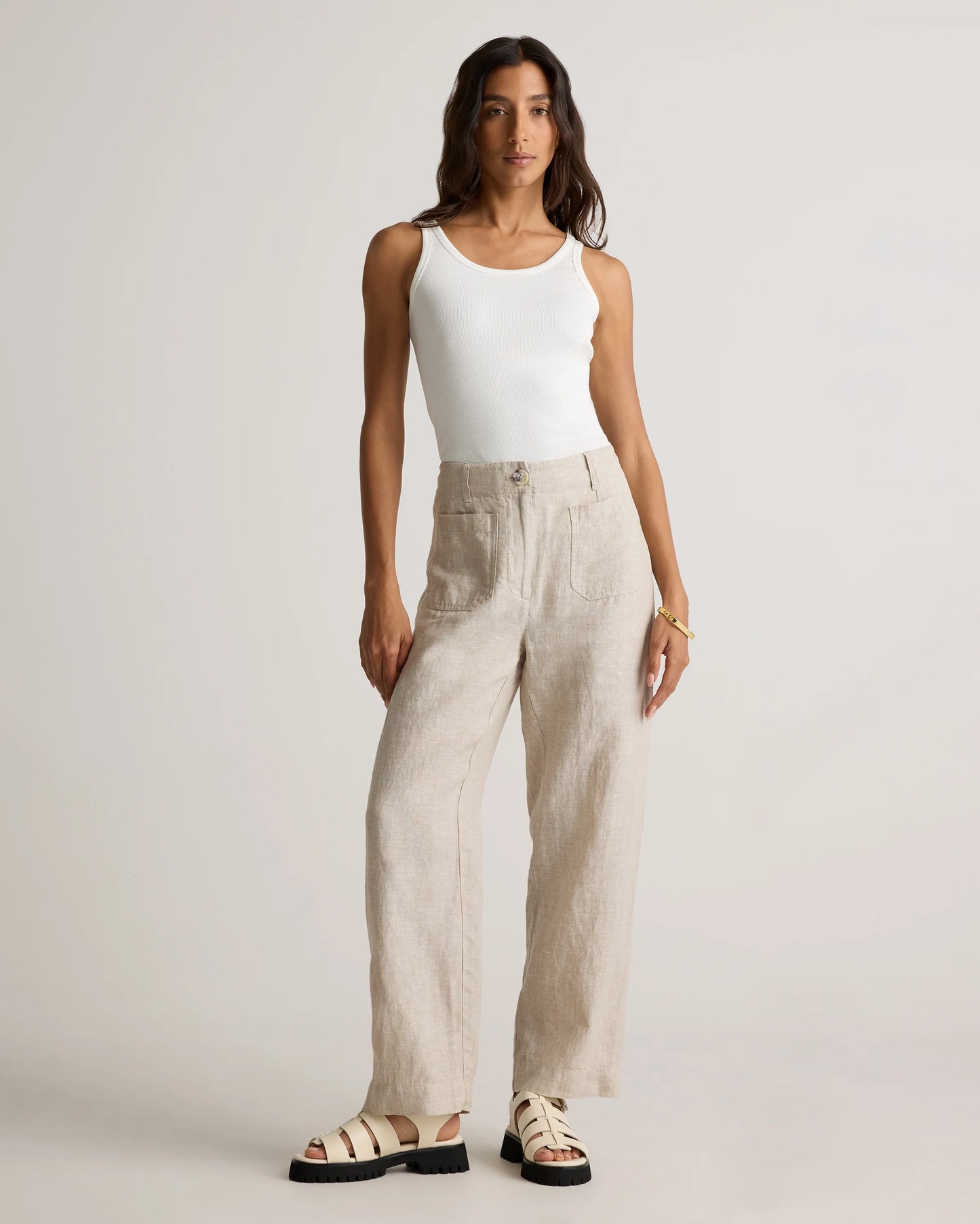 100% European Linen Patch Pocket Wide Leg Pants - 0 / Taupe Brown Chambray