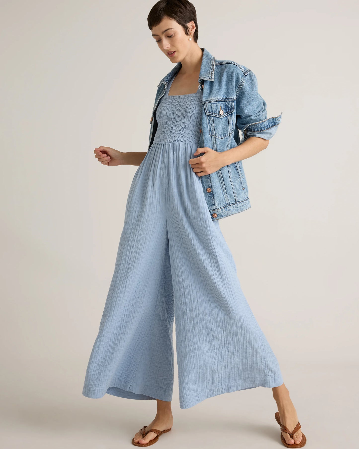 100% Organic Cotton Gauze Smocked Wide Leg Jumpsuit - XS / Spiced Orange