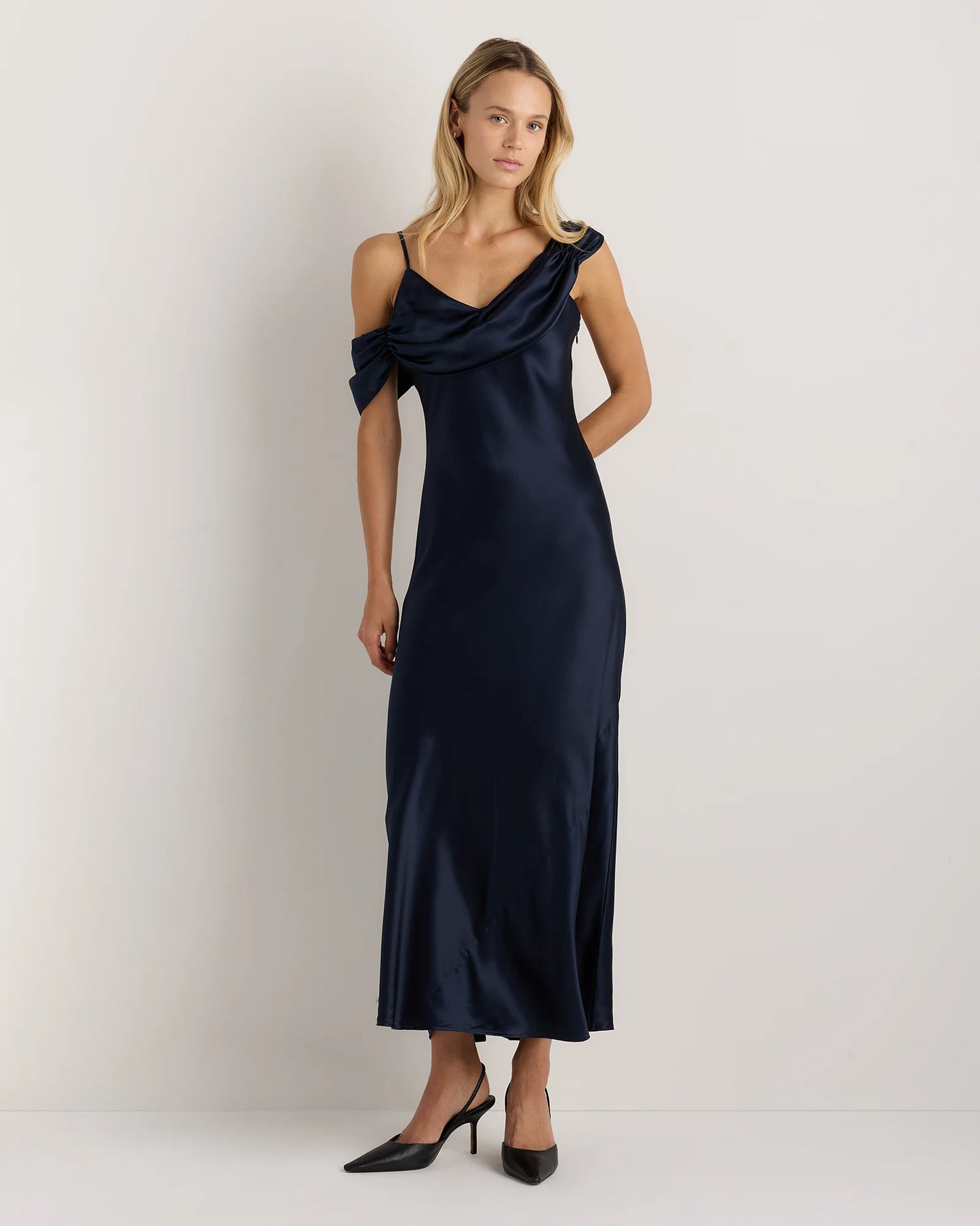 100% Washable Silk Draped Shoulder Maxi Dress - XS / Navy
