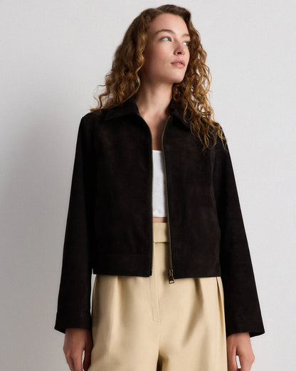 100% Suede Cropped Zip-Front Jacket - XS / Light Sand Beige