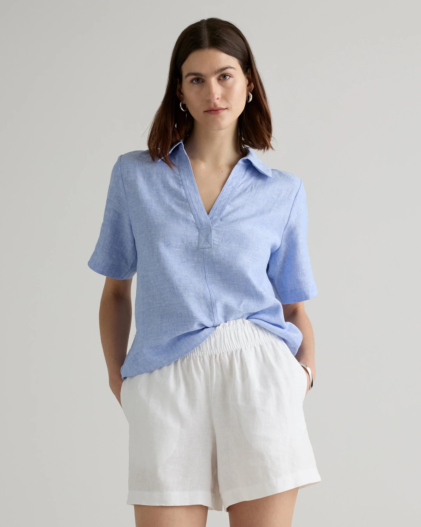 100% European Linen Short Sleeve Popover Top - XS / Blue Pinstripe