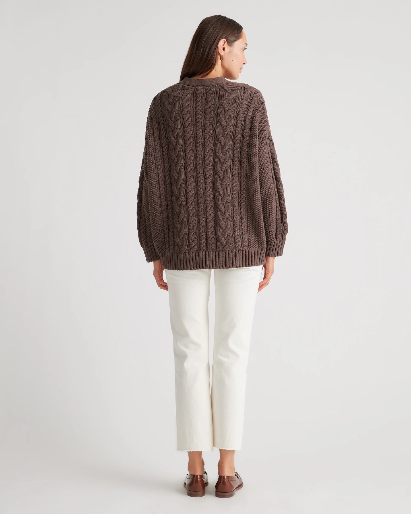 100% Organic Cotton Oversized Cable Cardigan - XS / Heather Brown