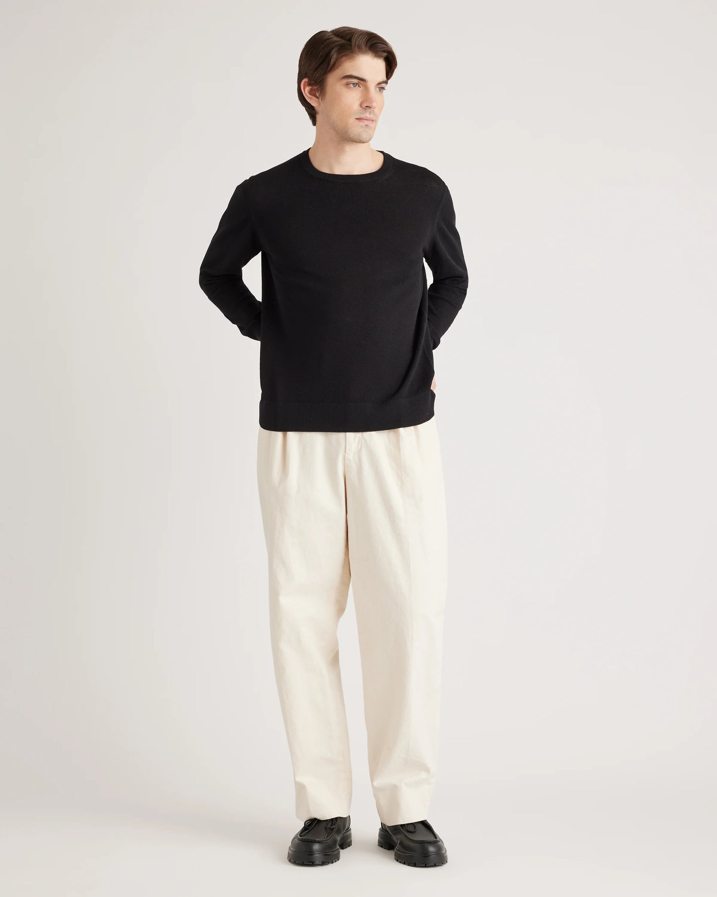 Organic Cotton-Silk Pique Crewneck Sweater - S / Speckled Beige