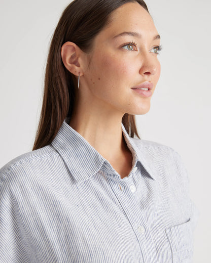 100% European Linen Camp Shirt - XS / Sky Blue Mariner Stripe