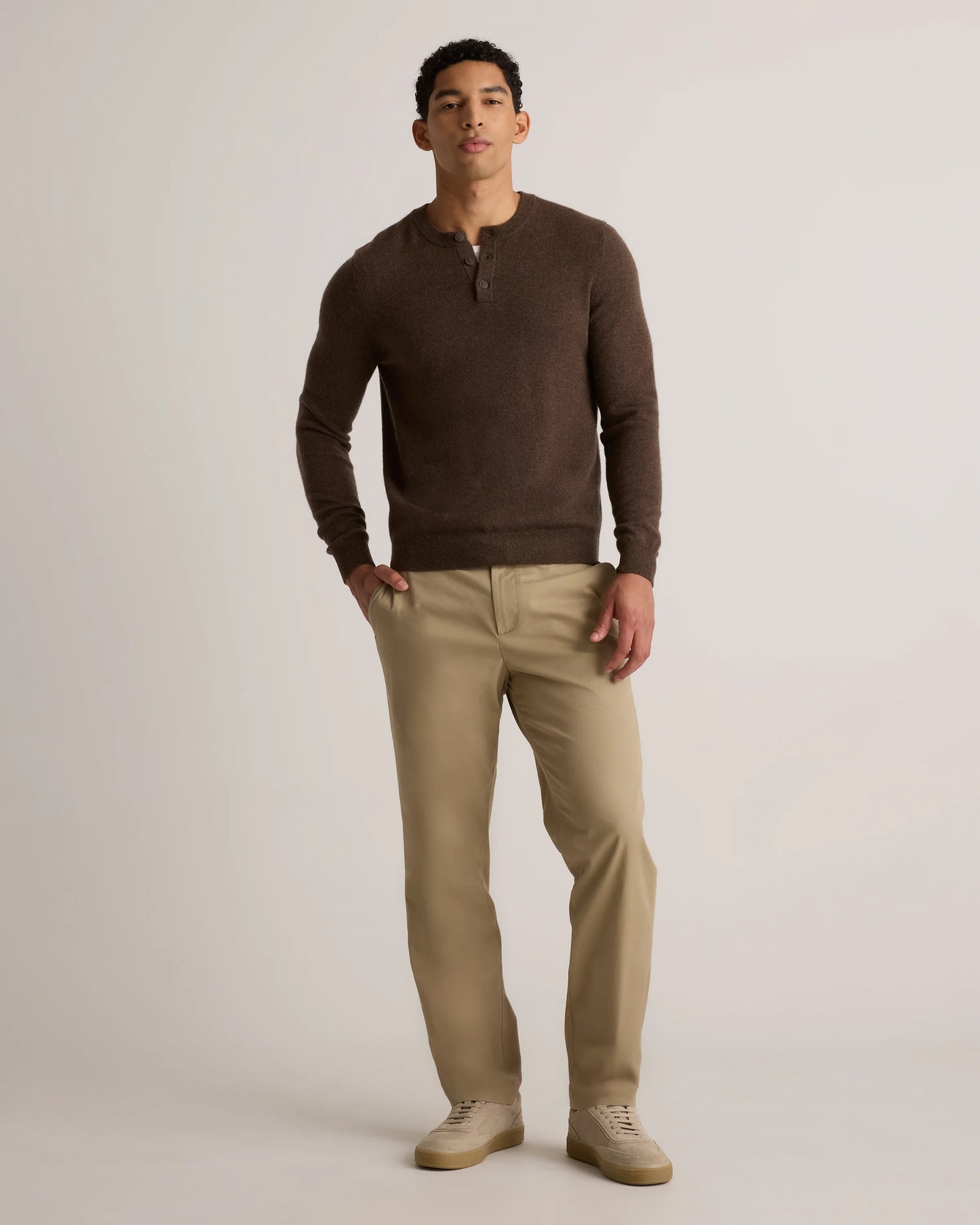 Mongolian Cashmere Henley Sweater - S / Brown