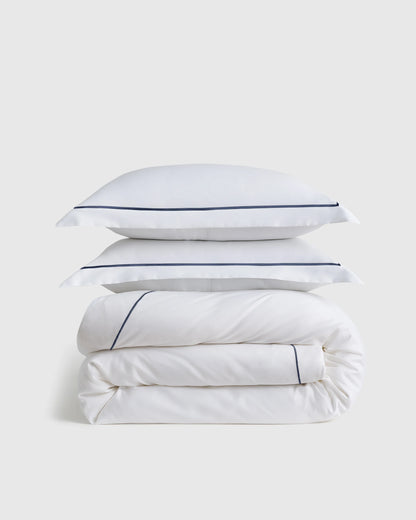 Signature Giza Cotton Sateen Embroidered Duvet Cover Set - Twin / White/Dried Sage