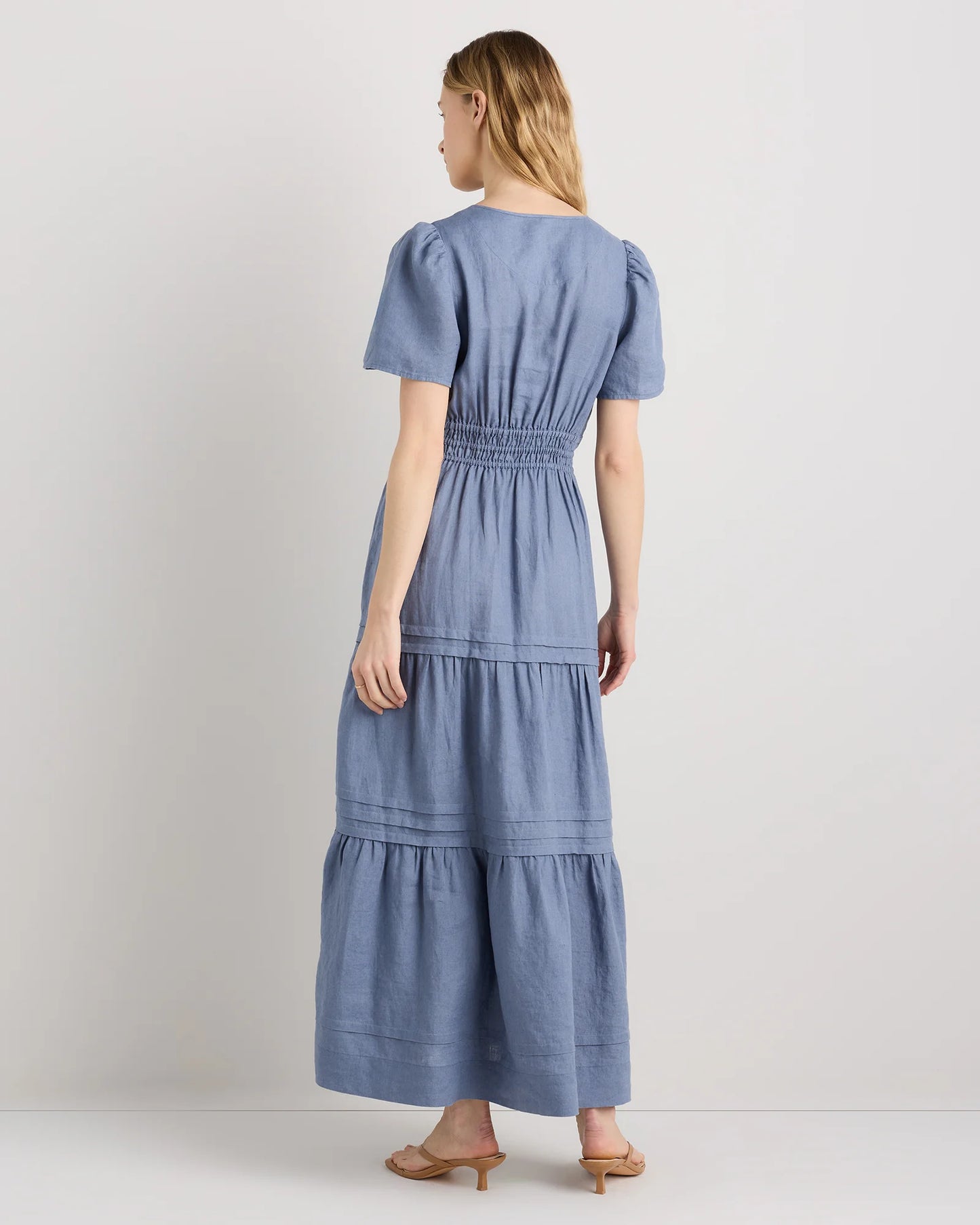 100% European Linen Tiered Maxi Dress - XS / Ivory Porcelain Blue Petite Floral