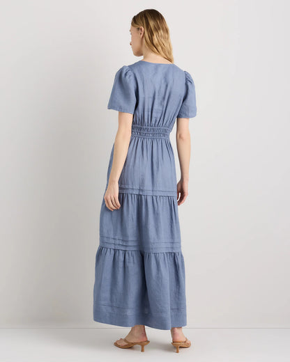 100% European Linen Tiered Maxi Dress - XS / Ivory Porcelain Blue Petite Floral