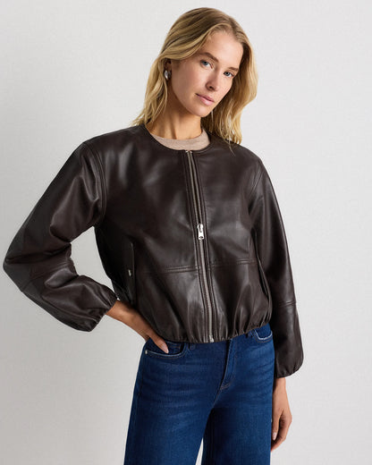 100% Leather Collarless Cropped Bubble Hem Jacket - XS / True Black