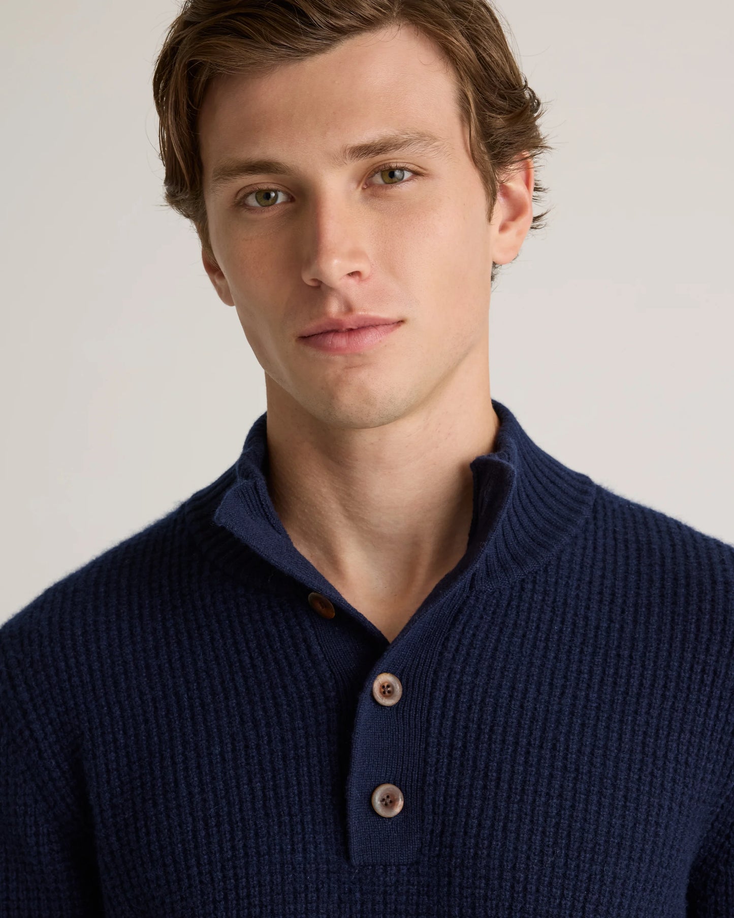 Mongolian Cashmere Waffle Quarter Button Sweater - S / Elk Brown
