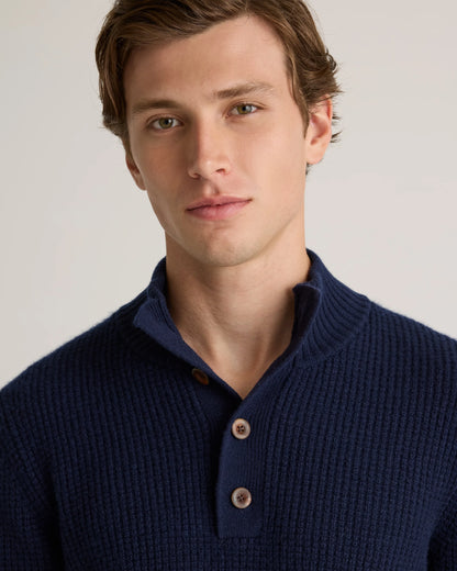 Mongolian Cashmere Waffle Quarter Button Sweater - S / Elk Brown