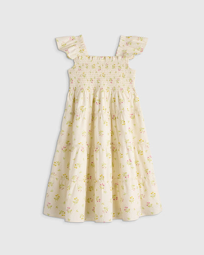 100% Organic Cotton Poplin Smocked Dress - 6 / Apricot Ditsy Floral