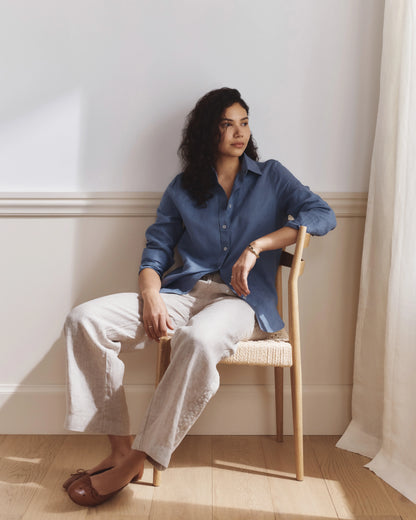 100% European Linen Long Sleeve Shirt - XS / Blue Pinstripe