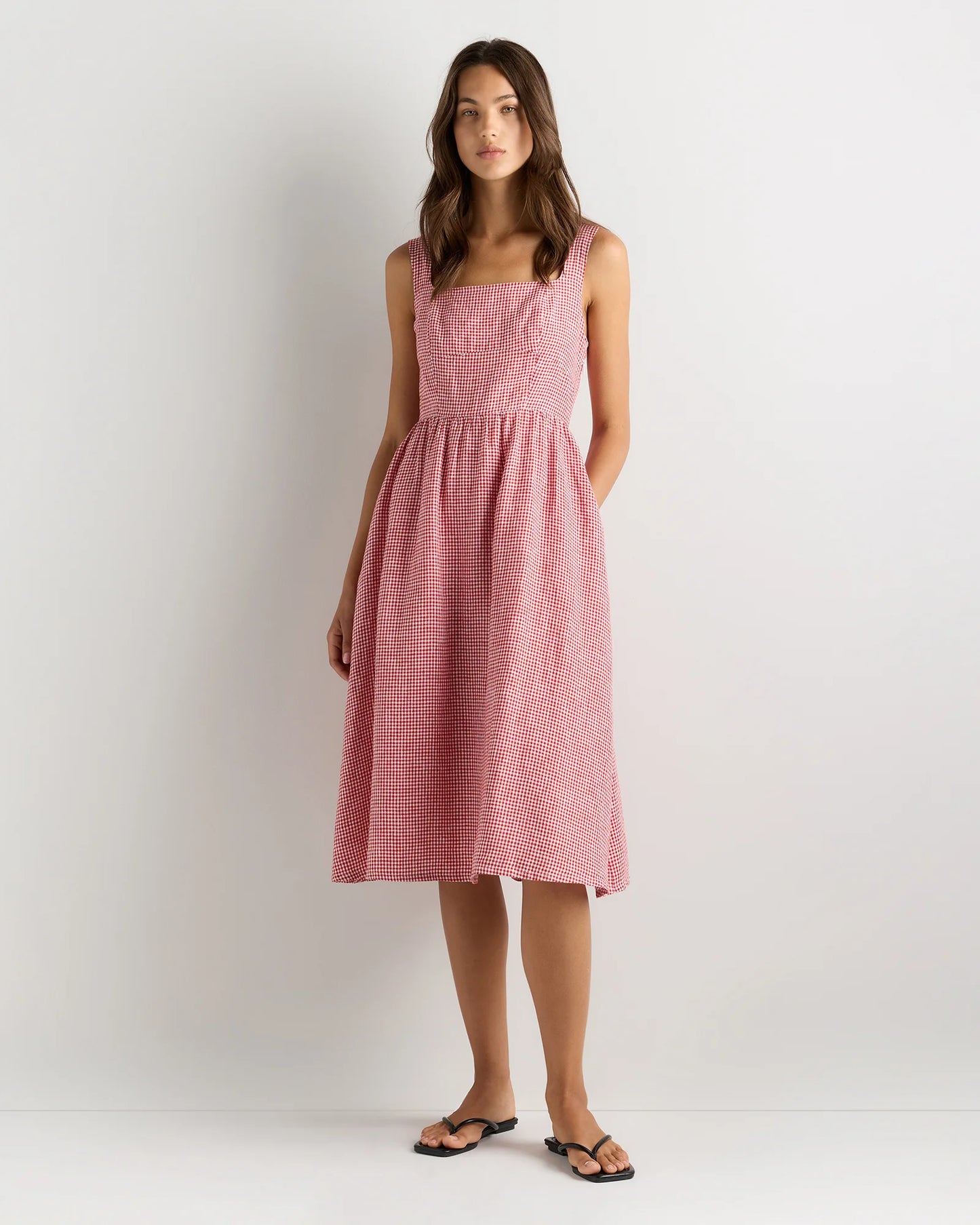 100% European Linen Fit & Flare Midi Dress - XS / Brick Red Heirloom Floral