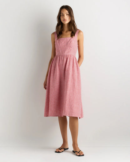 100% European Linen Fit & Flare Midi Dress - XS / Brick Red Heirloom Floral