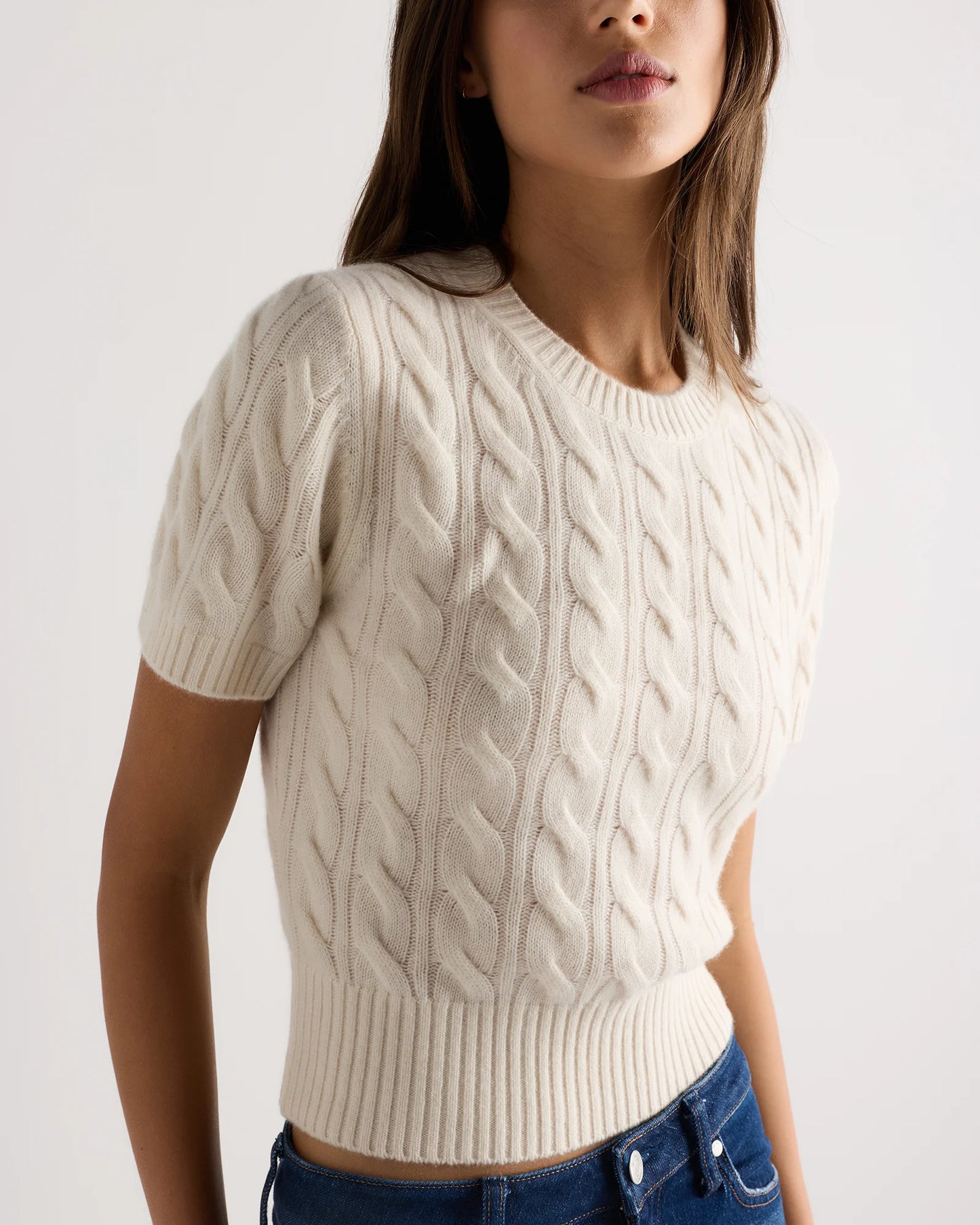 Mongolian Cashmere Shrunken Cable Tee - XS / Ivory