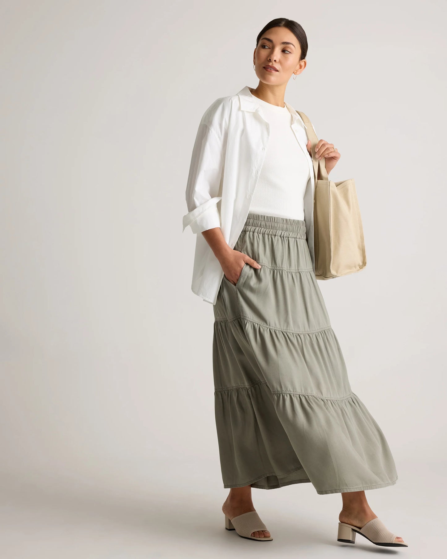 Vintage Wash Tencel Tiered Maxi Skirt - XS / Olive
