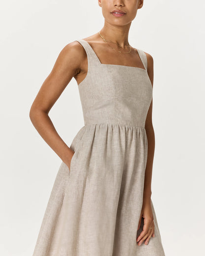 100% European Linen Fit & Flare Midi Dress - XS / Brick Red Heirloom Floral