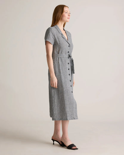 100% European Linen Button Front Dress - XS / Sky Blue Mariner Stripe