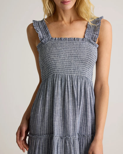 100% European Linen Smocked Midi Dress - XS / Ivory Porcelain Blue Petite Floral