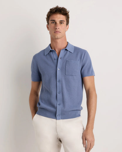 100% Organic Cotton Mesh-Stitch Button-Up Sweater Polo - XS / Speckled Beige