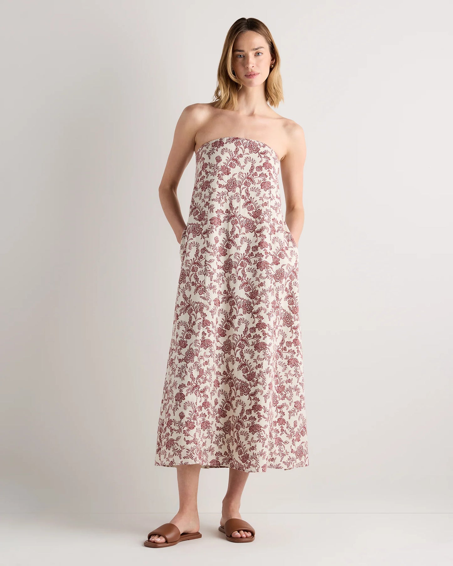 100% European Linen Strapless Maxi Dress - XS / Brick Red Heirloom Floral