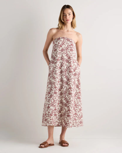 100% European Linen Strapless Maxi Dress - XS / Brick Red Heirloom Floral