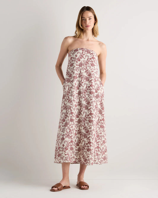 100% European Linen Strapless Maxi Dress - XS / Brick Red Heirloom Floral