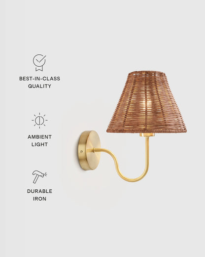 Curved Iron Sconce with Rattan Shade - One Size / Light Brown