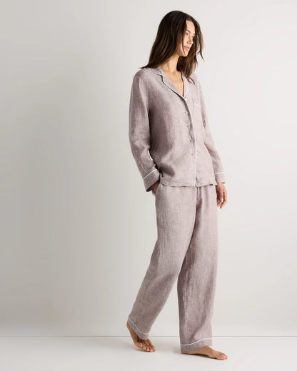100% European Linen Long Sleeve Pajama Set with Piping - XS / Taupe Brown Gingham
