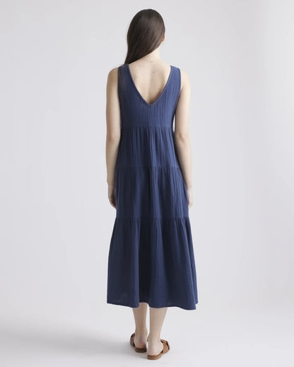 100% Organic Cotton Gauze Tiered Maxi Dress - XS / Indigo Blue