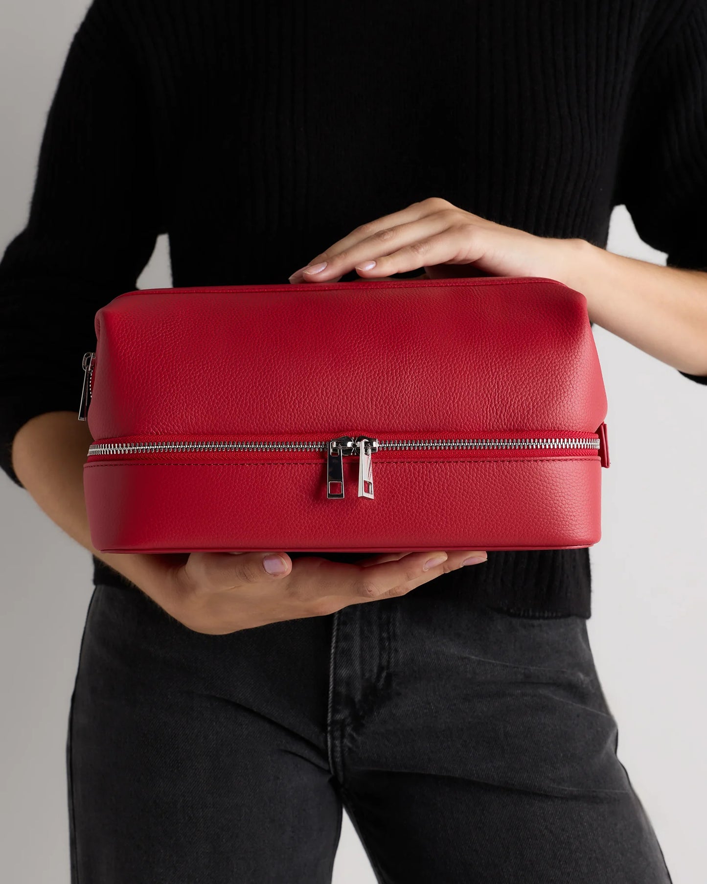Italian Leather Dual Compartment Toiletry Bag - One Size / Ruby Red