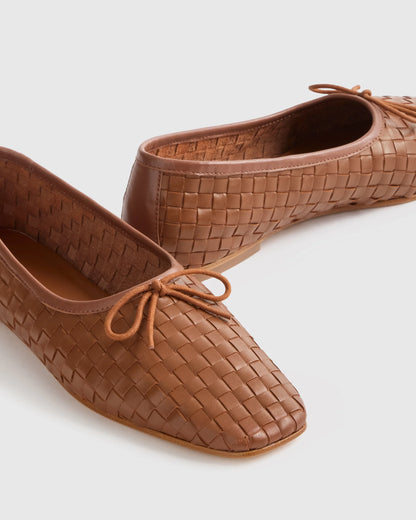 Italian Leather Handwoven Square Toe Ballet Flat - 5 / Cognac