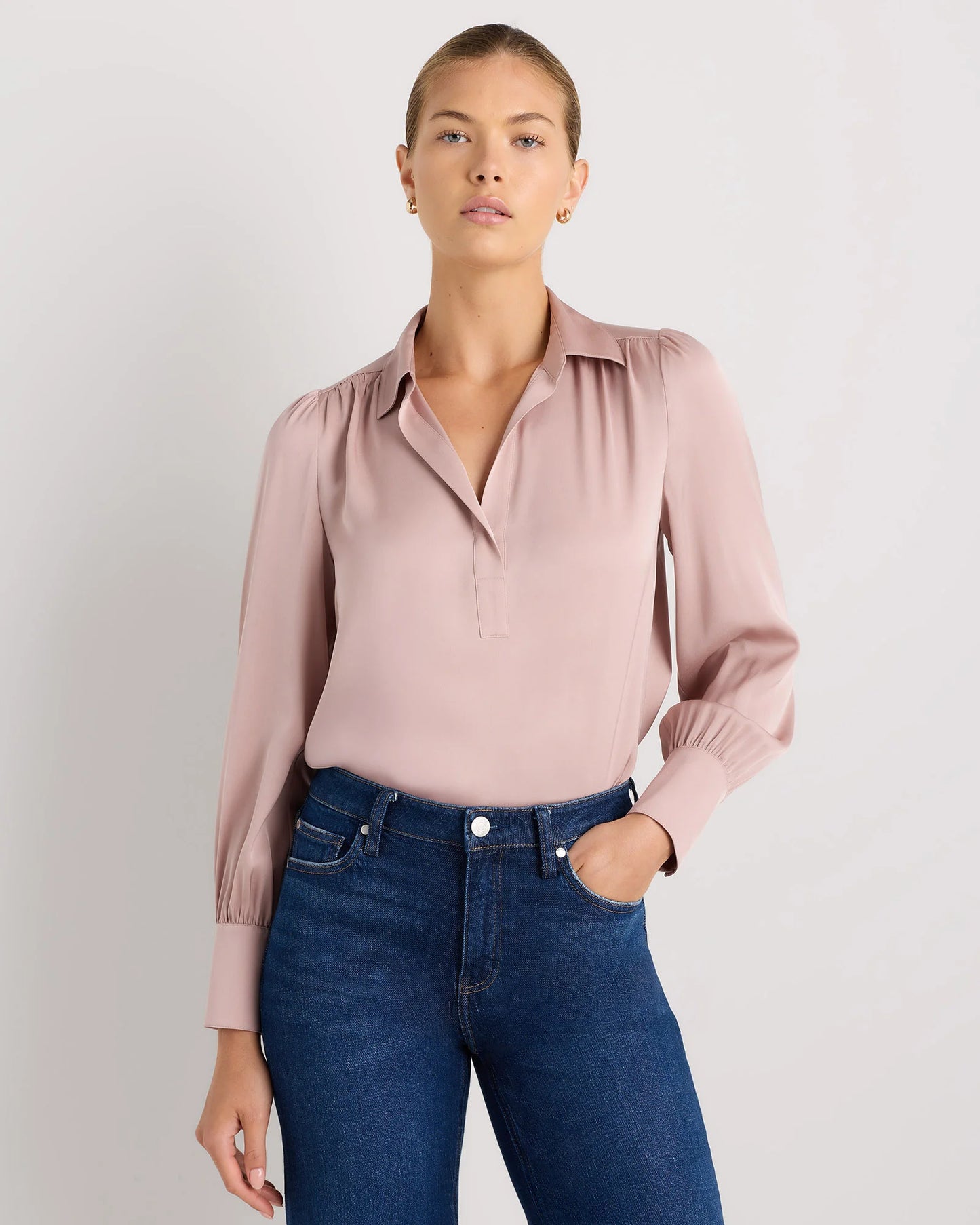 Washable Stretch Silk Split Neck Blouse - XS / Forest Green
