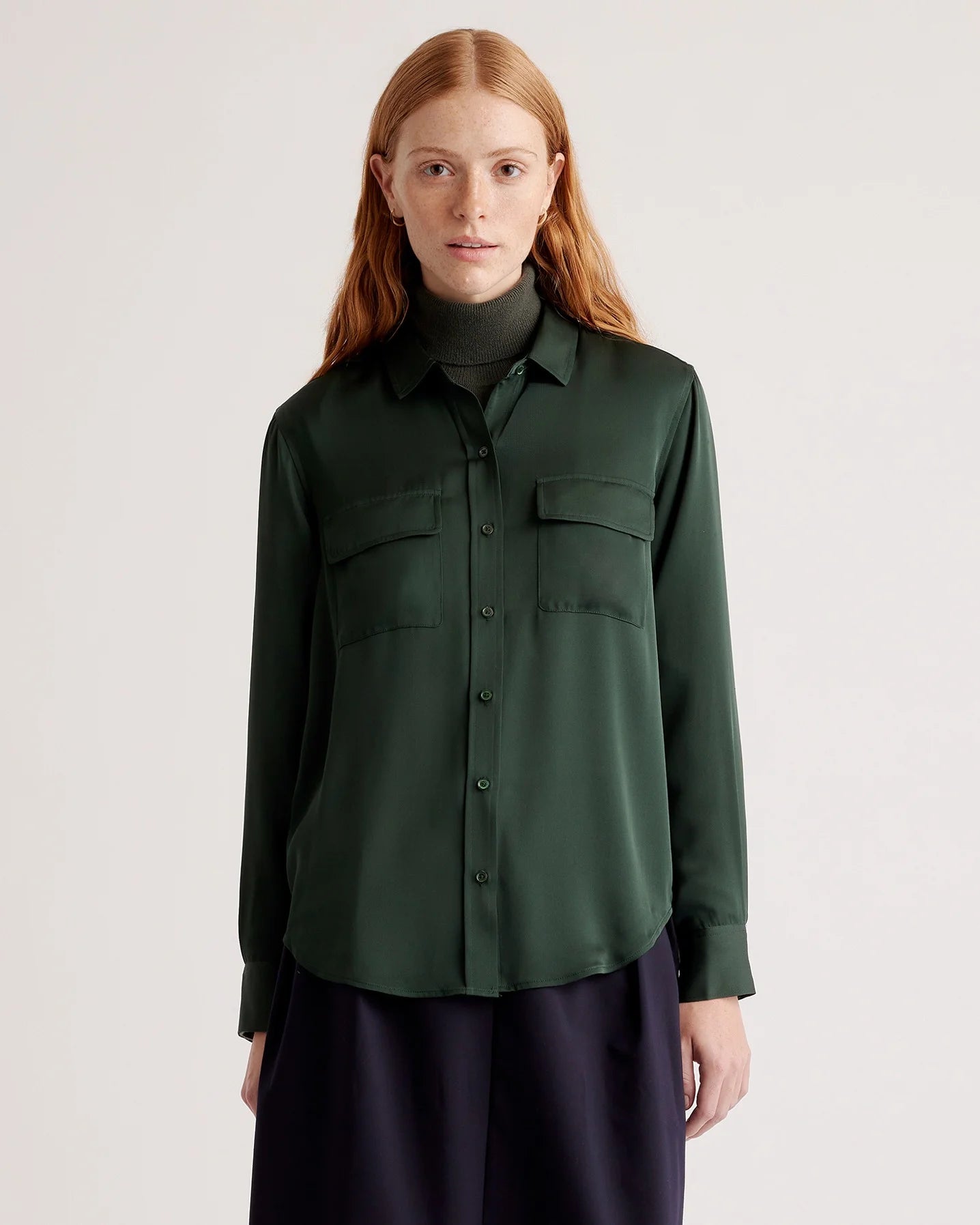 Washable Stretch Silk Utility Long Sleeve Blouse - XS / Forest Green