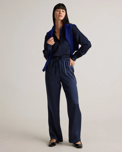 100% Washable Silk Drawstring Wide Leg Pants - XS / Champagne
