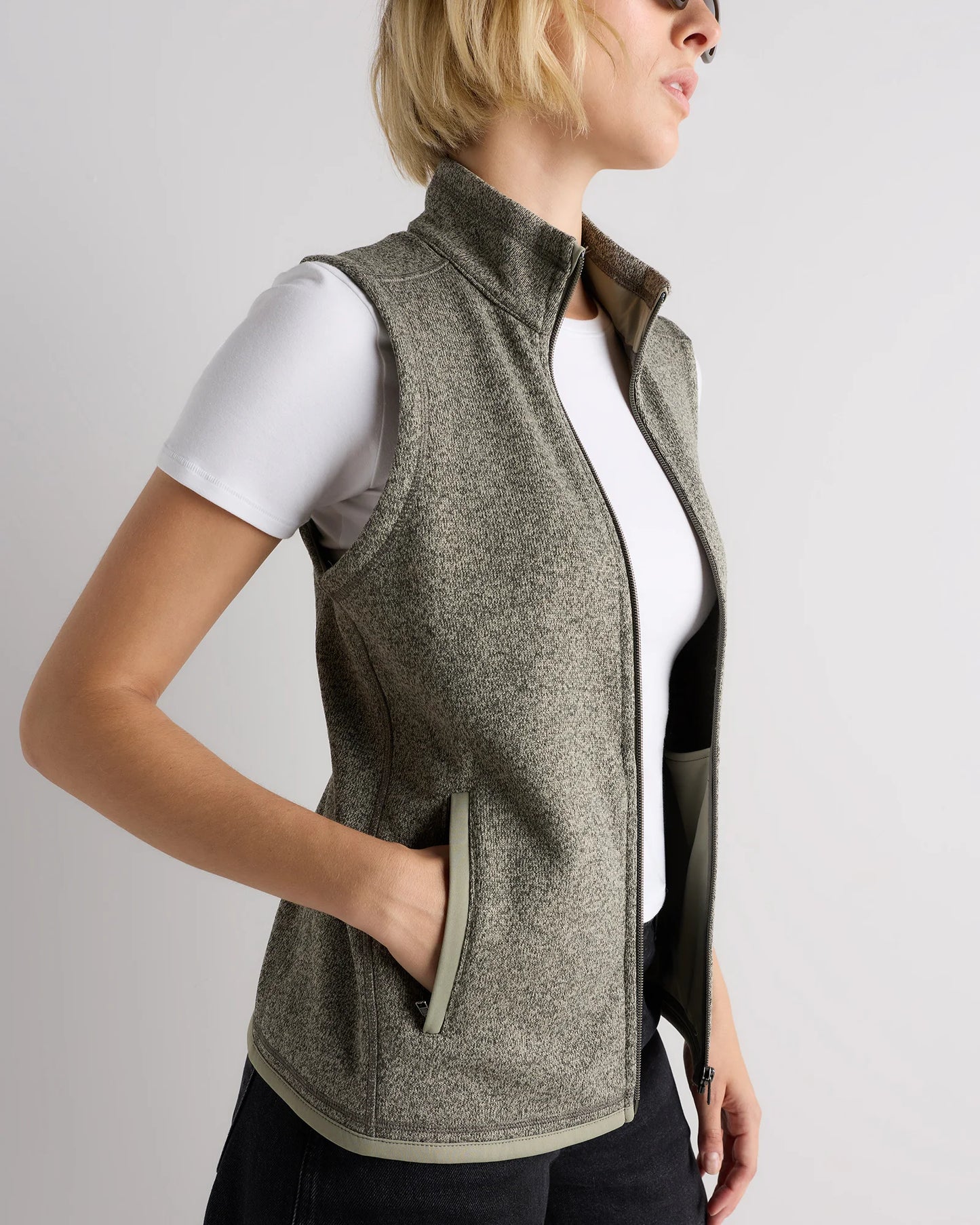 Sweater-Knit Fleece Full-Zip Vest - XS / Heather Mineral Green