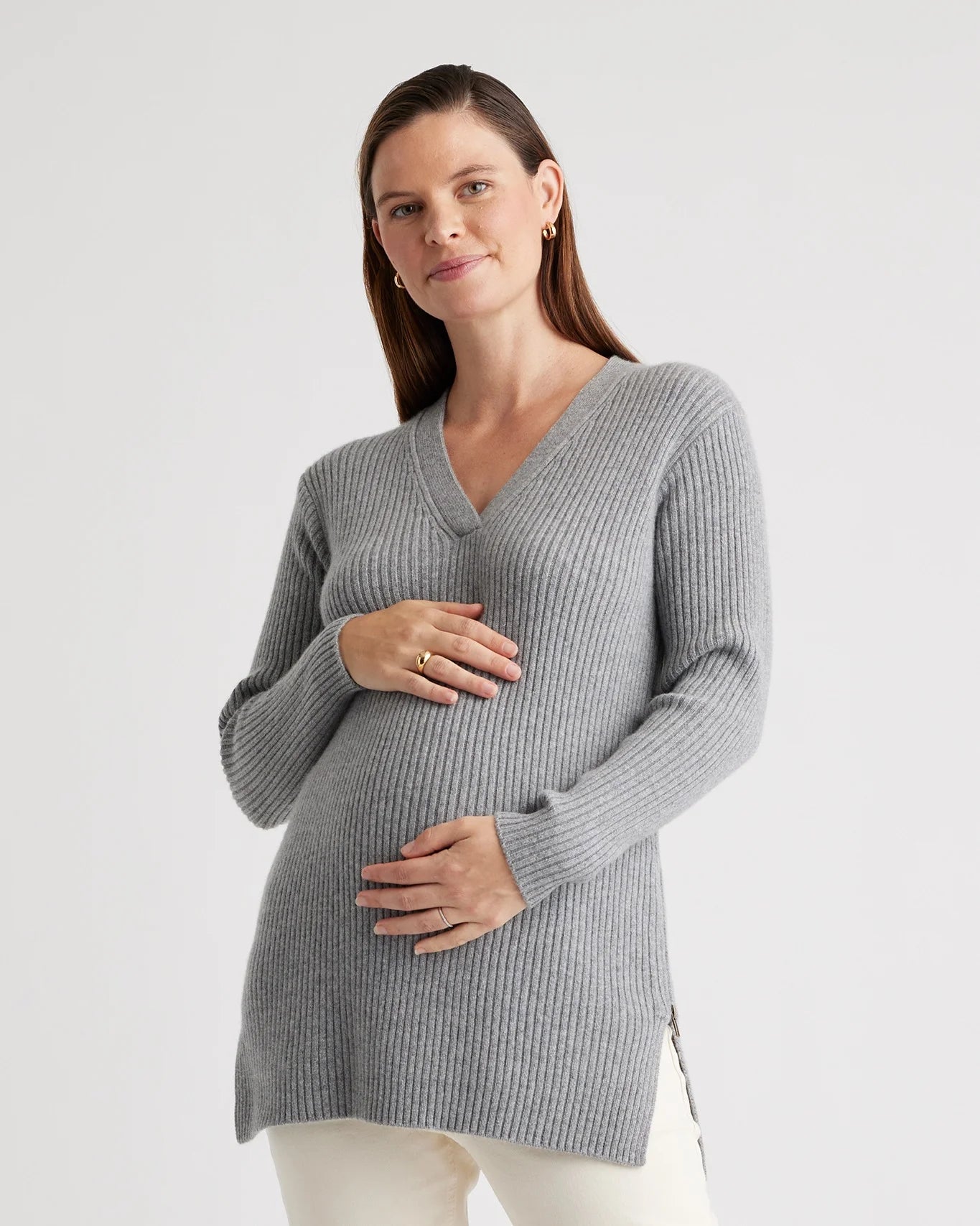 Mongolian Cashmere Ribbed Side Zip Maternity Sweater - XS / Heather Vintage Pink
