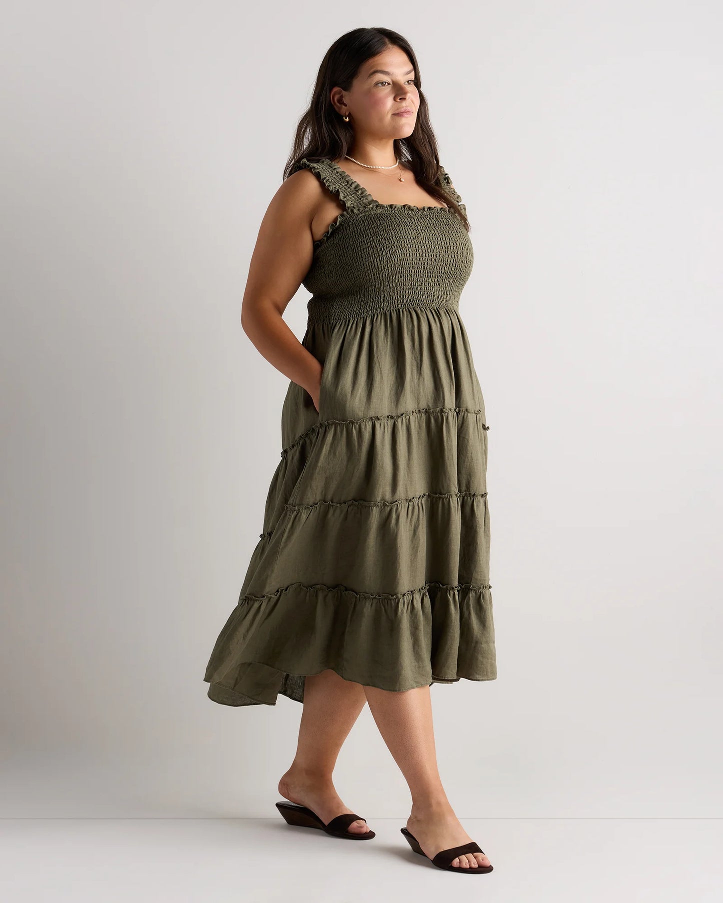100% European Linen Smocked Midi Dress - 1X / Flax