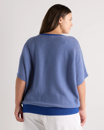 Lightweight Cotton Cashmere Link-Stitch Dolman Sweater - 1X / Orchid Blue Mini Stripe