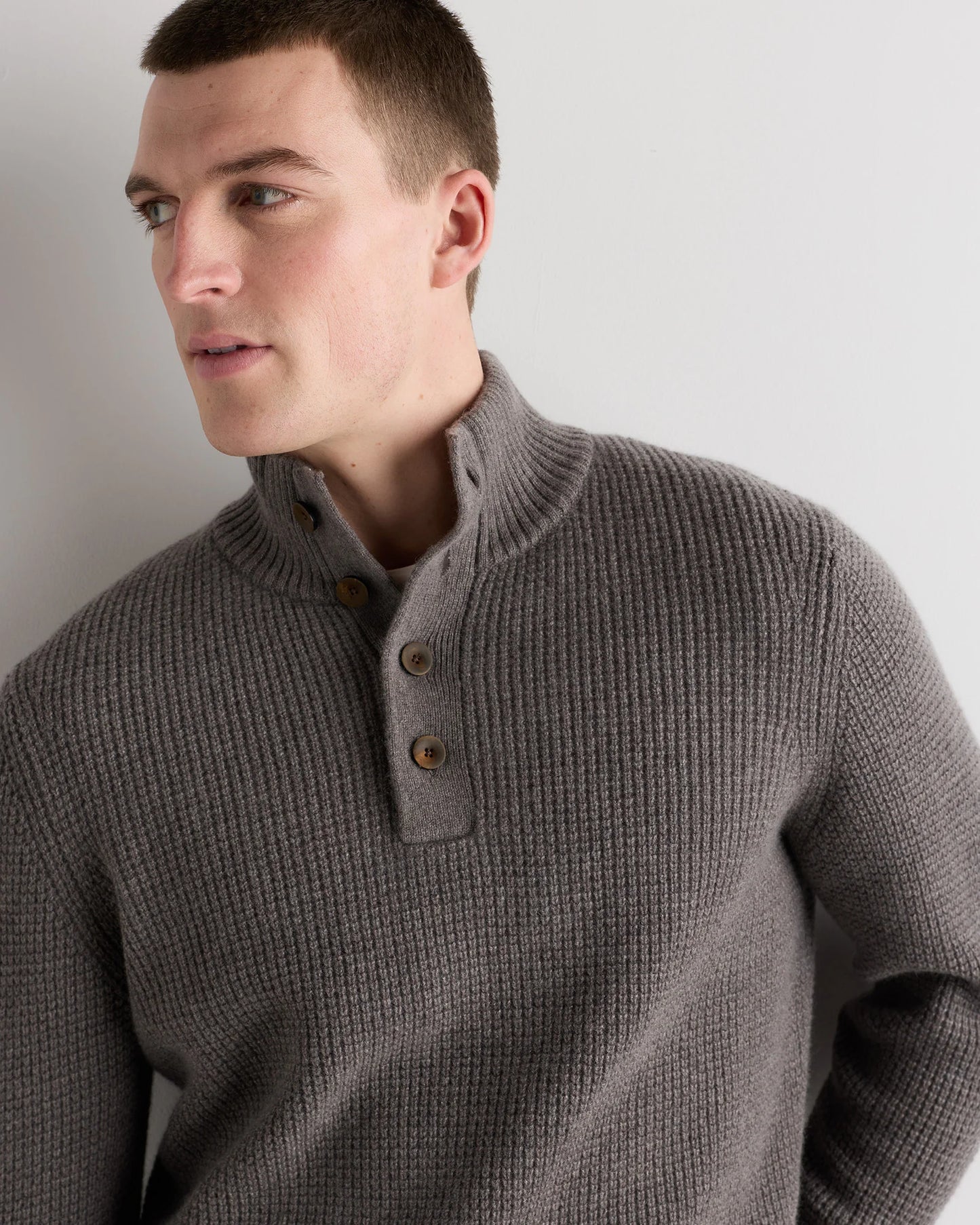 Mongolian Cashmere Waffle Quarter Button Sweater - S / Elk Brown