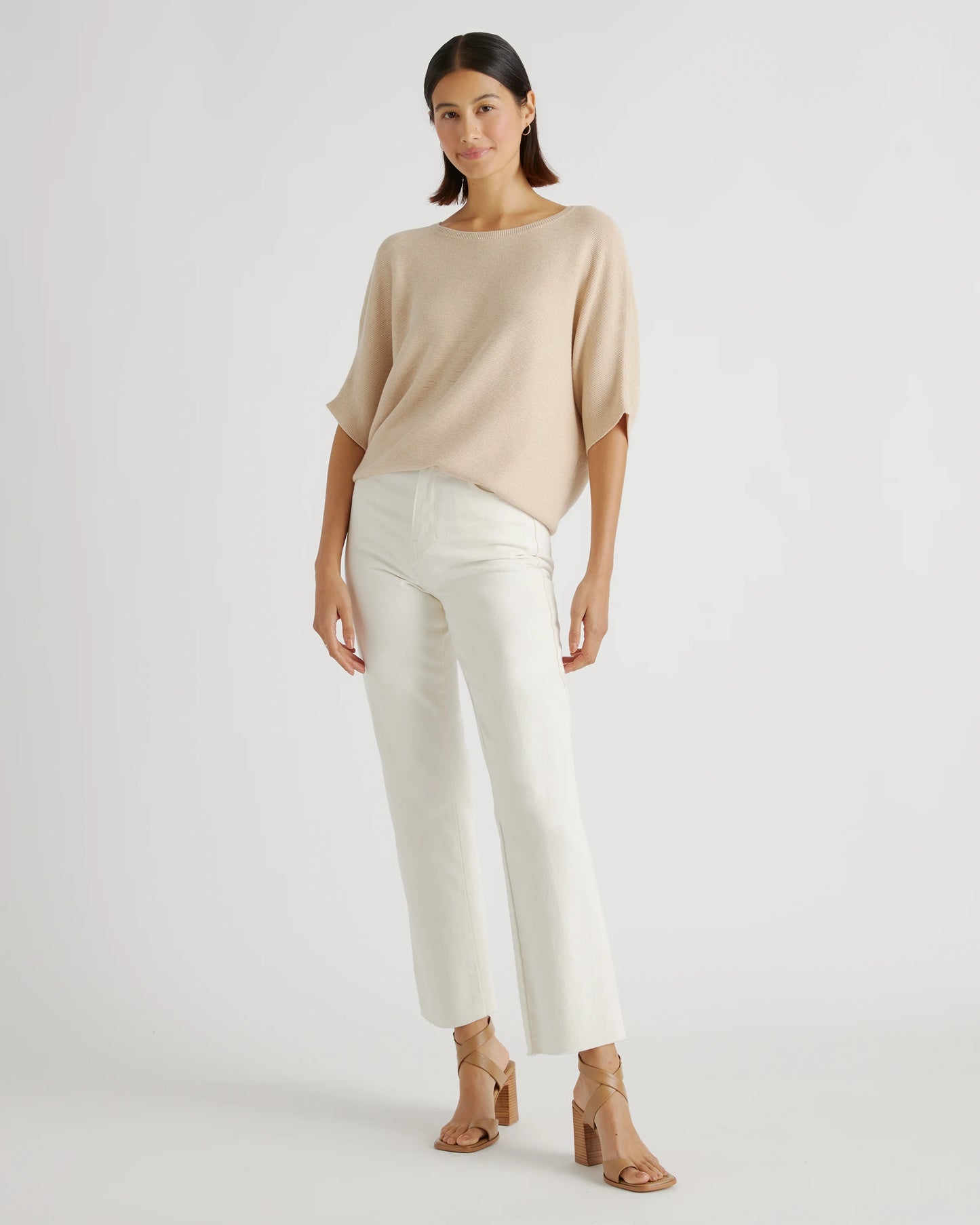 Lightweight Cotton Cashmere Link-Stitch Dolman Sweater - XS / Sugar Stone