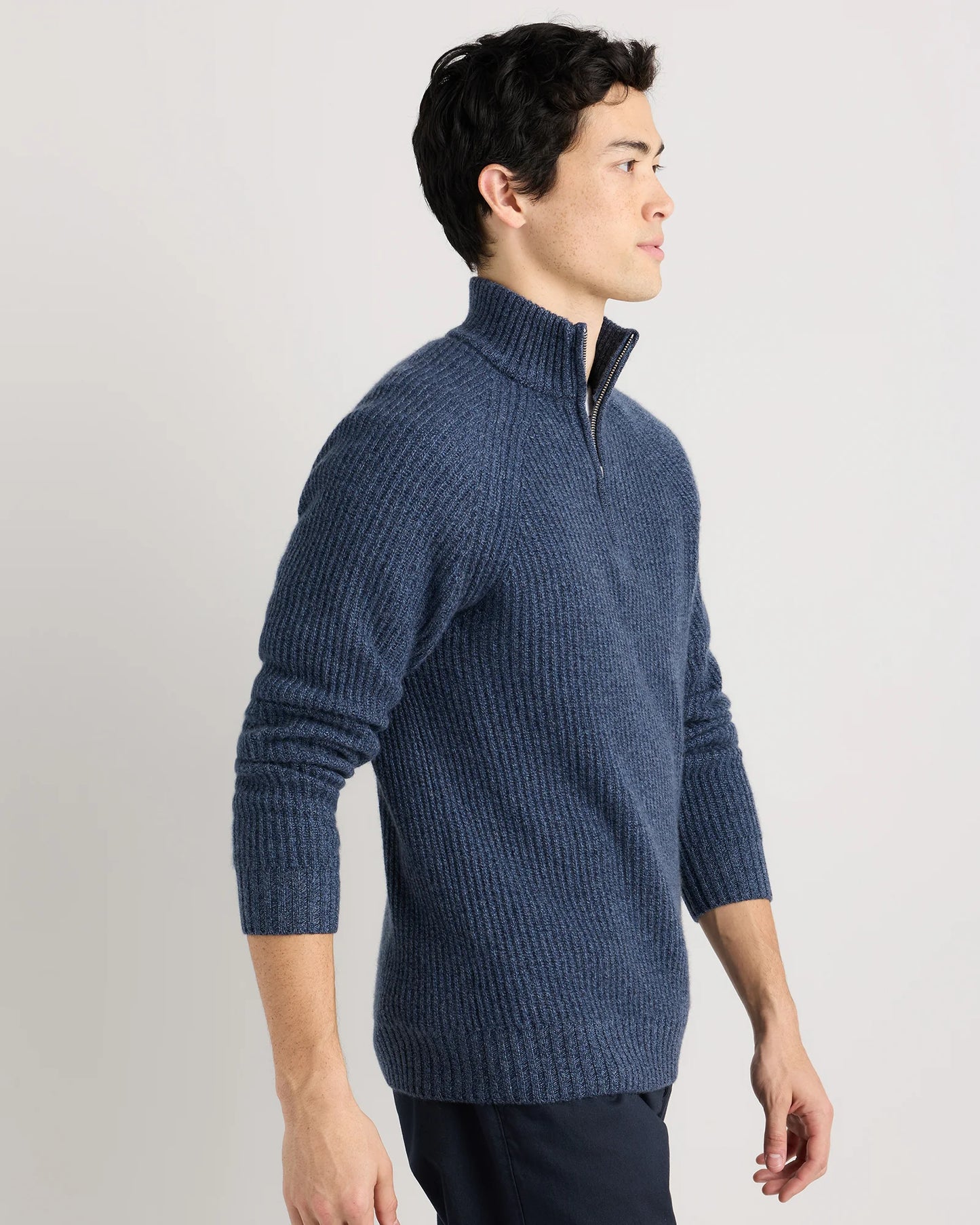 Mongolian Cashmere Fisherman Quarter Zip Sweater - S / Navy Marl