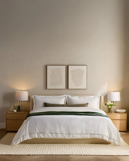 Signature Giza Cotton Sateen Embroidered Sham Set - Standard / White/Dried Sage