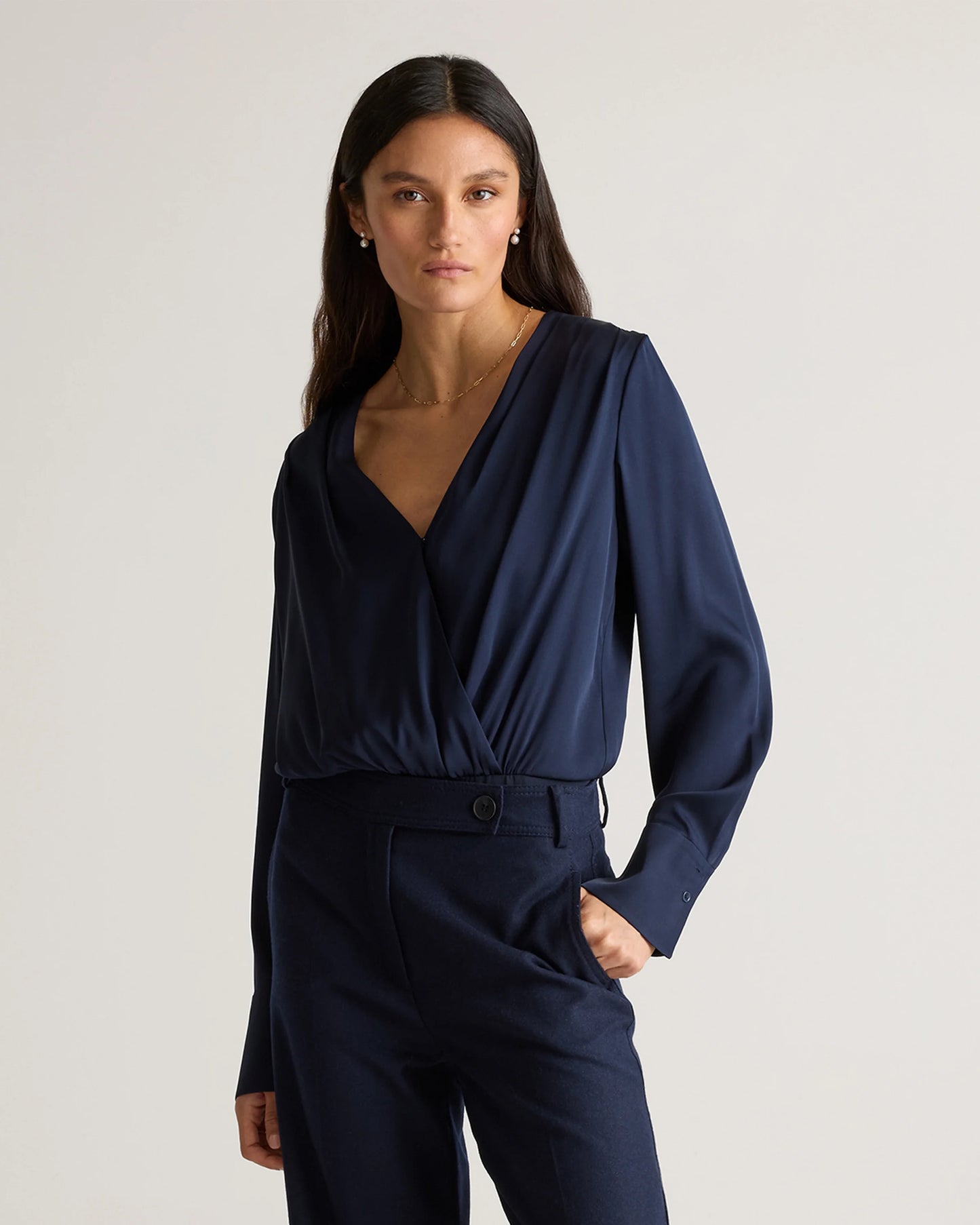 Washable Stretch Silk Surplice Bodysuit - XS / Moonstone Blue