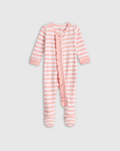100% Organic Cotton Ruffle Footie - 0-3M / Pink Stripe