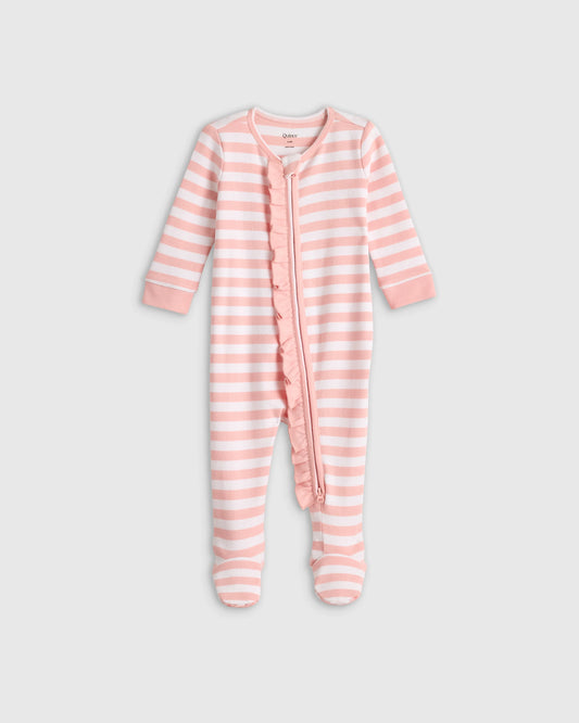 100% Organic Cotton Ruffle Footie - 0-3M / Pink Stripe