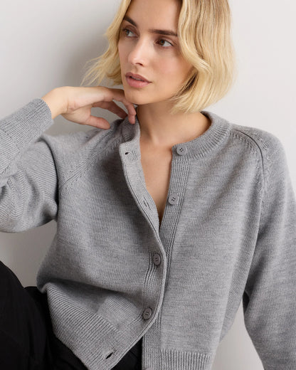 Australian Merino Wool Raglan Crewneck Cardigan - XS / Heather Grey